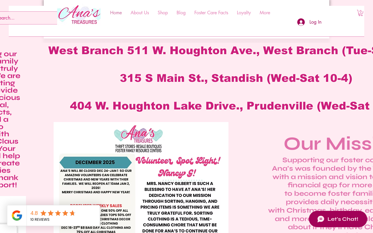 Ana’s Treasures Thrift Store website preview