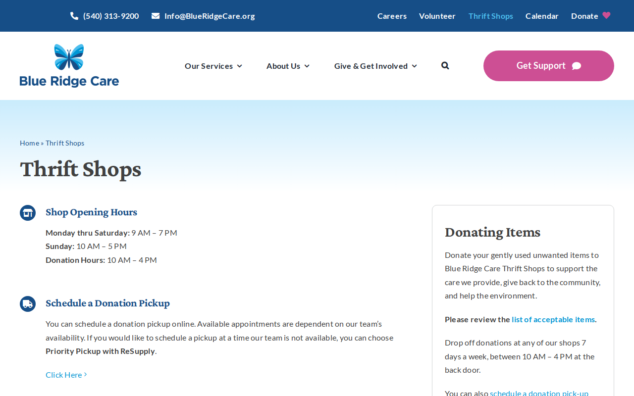 Blue Ridge Hospice Winchester East Thrift Shop website preview
