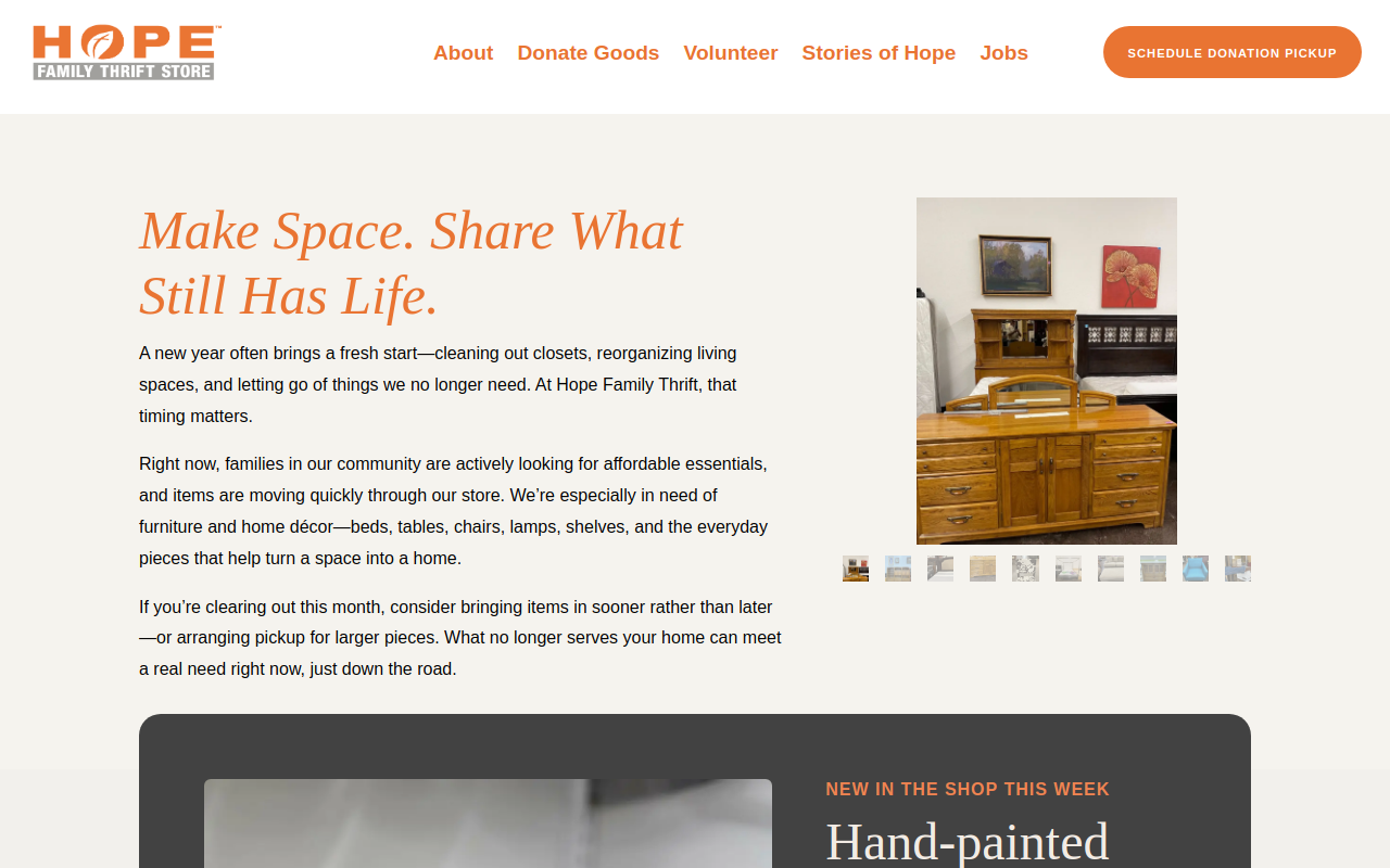 Hope Family Thrift Store website preview