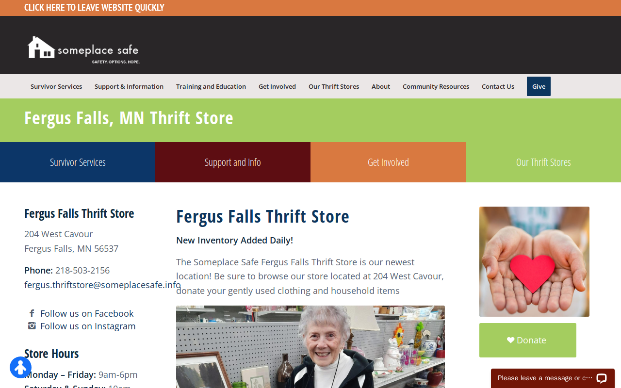 Someplace Safe Fergus Falls Thrift Store website preview