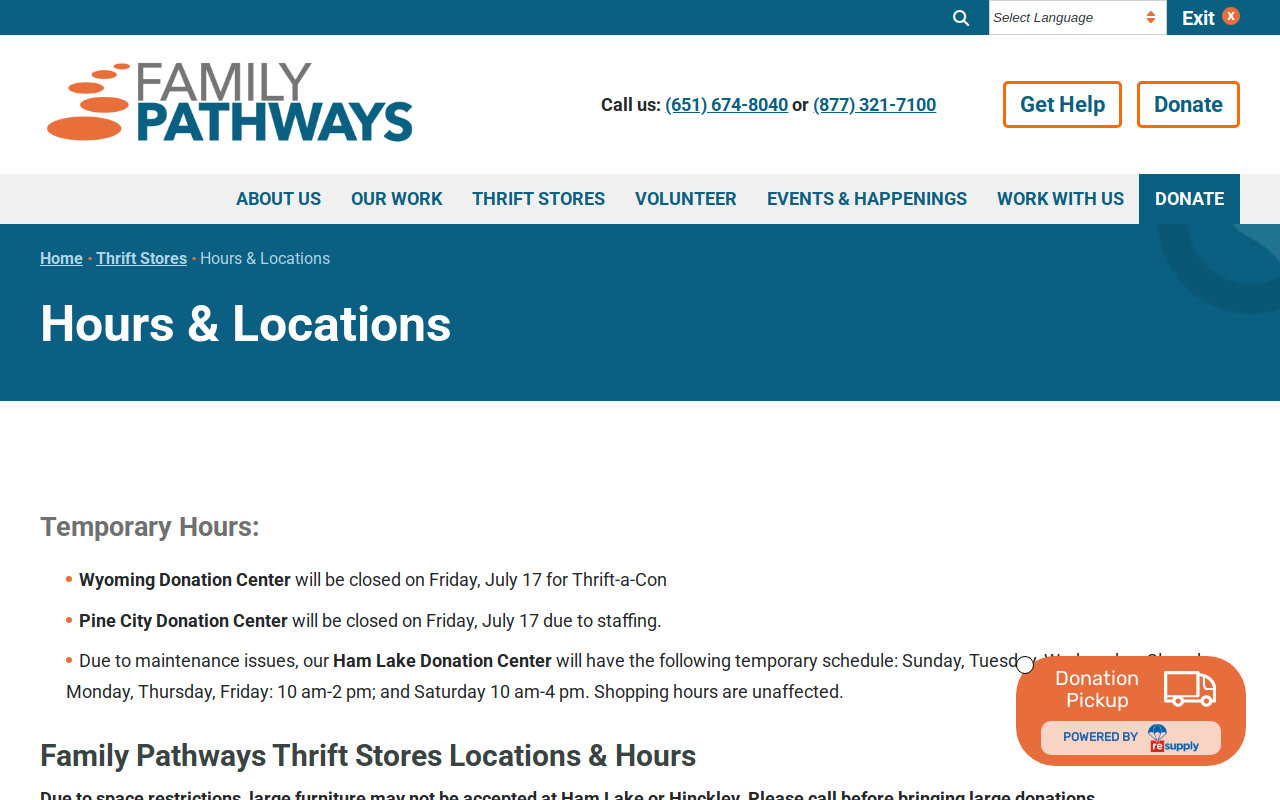 Family Pathways Thrift Store website preview