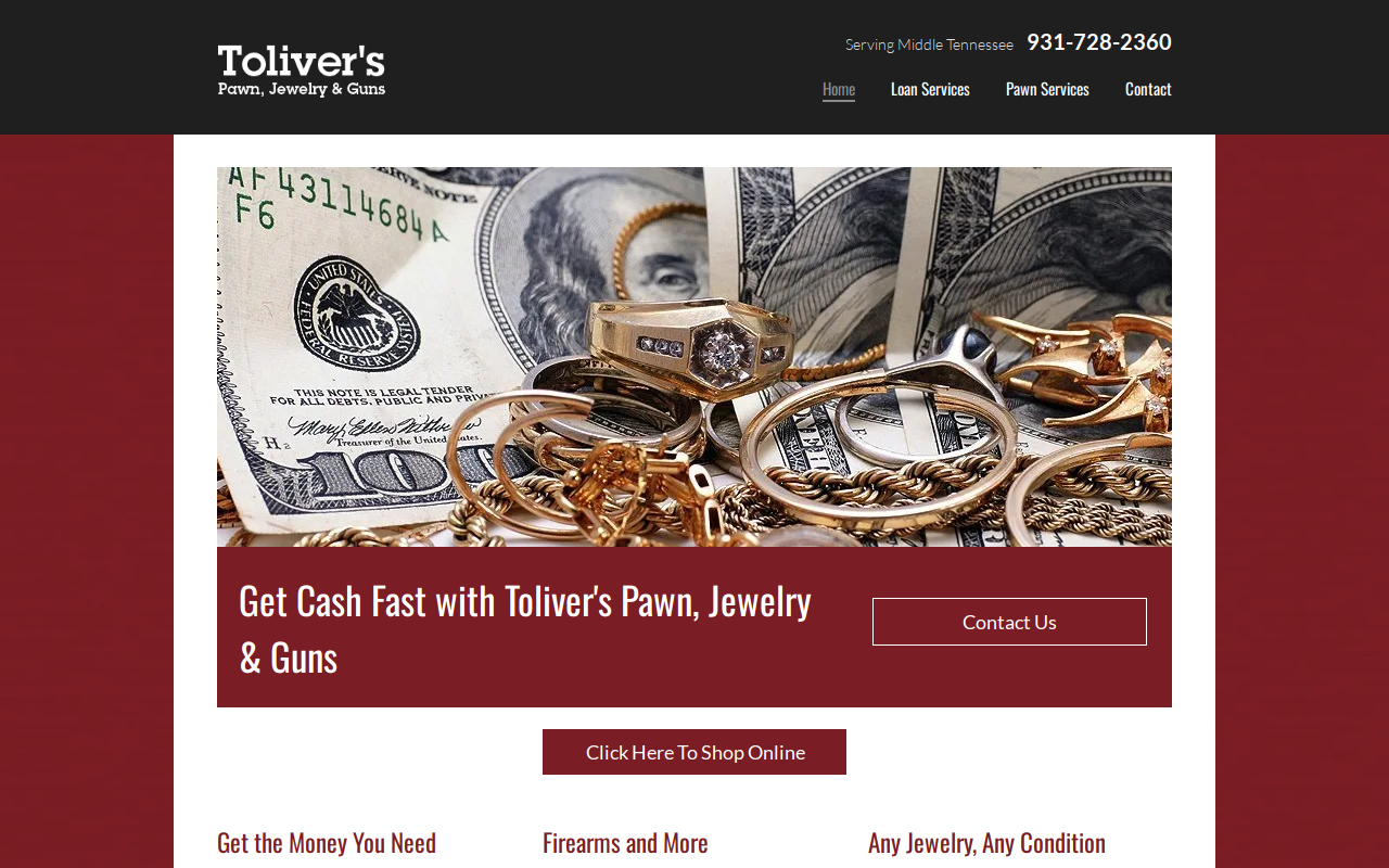 Toliver's Pawn Jewelry And Guns website preview