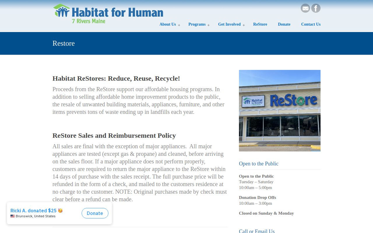 Habitat for Humanity 7 Rivers ME ReStore website preview