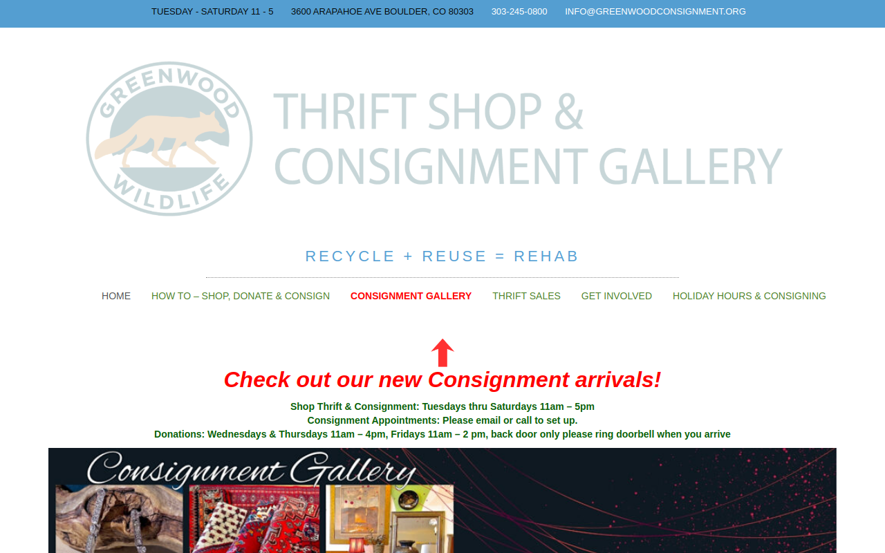 Greenwood Wildlife Thrift Shop and Consignment Gallery website preview