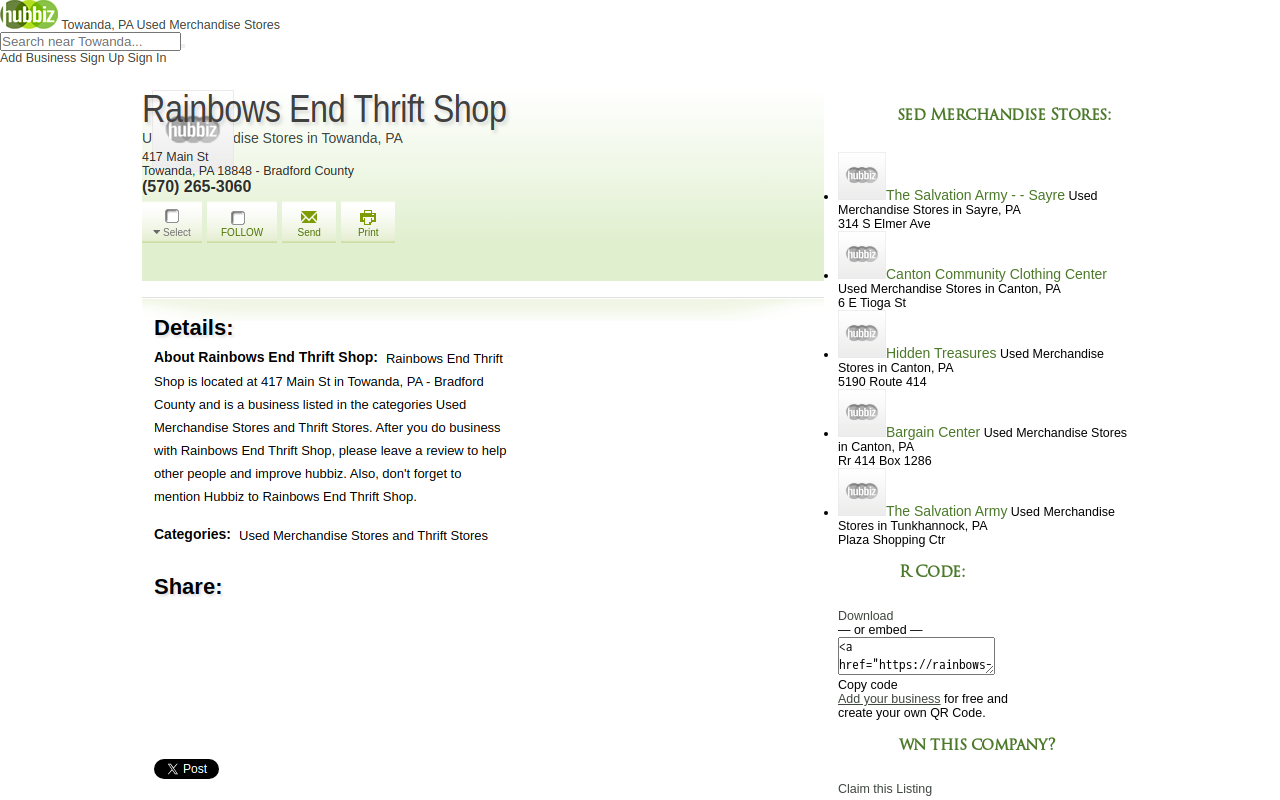 Rainbow's End Thrift Shop website preview