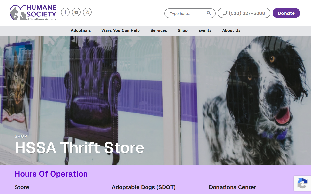 Humane Society of Southern Arizona Thrift Store website preview