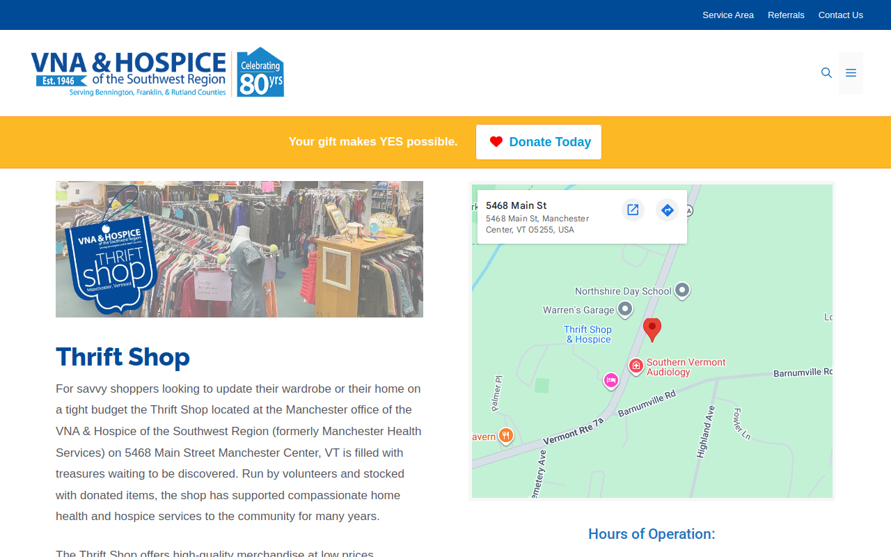 Thrift Shop at VNA & Hospice of the Southwest Region website preview