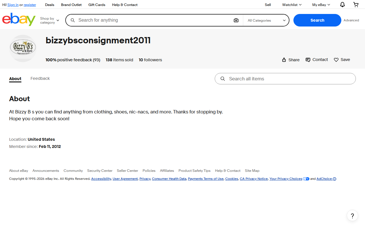 Bizzy B's Consignment website preview